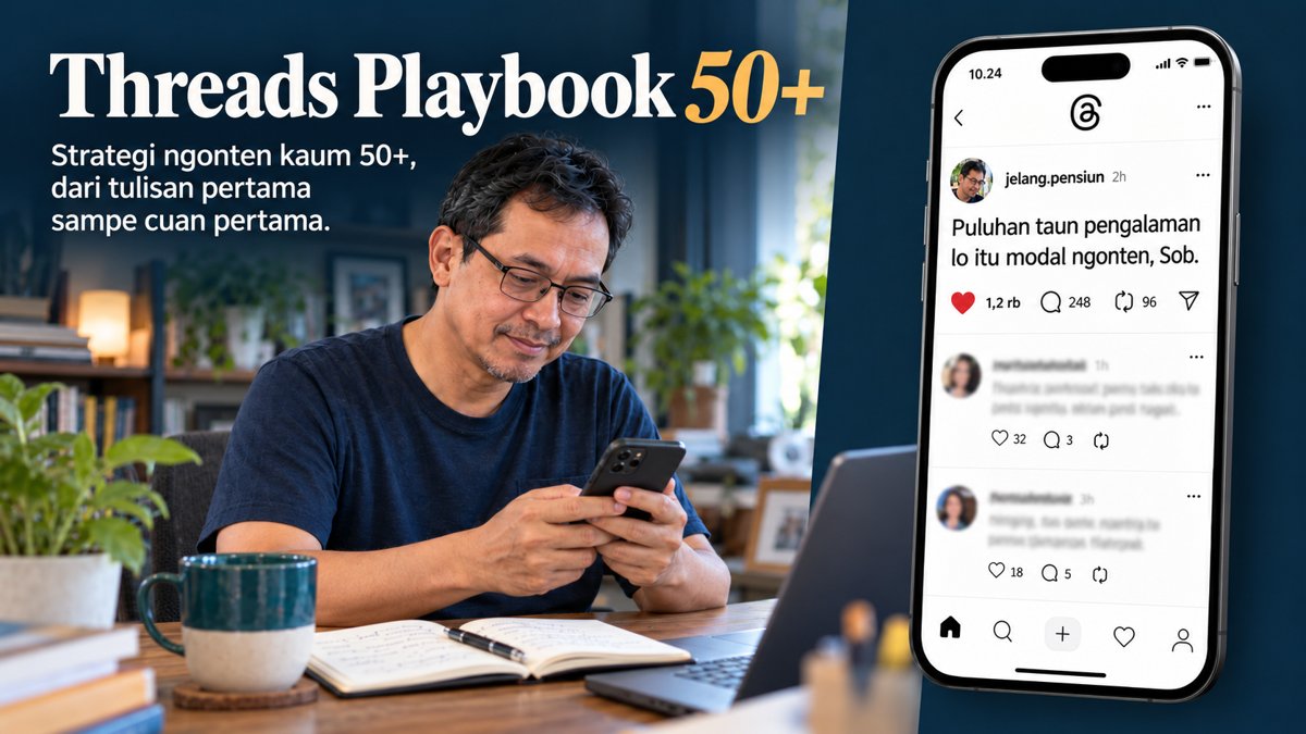 Cover Threads Playbook 50+: strategi ngonten kaum 50+, dari tulisan pertama sampe cuan pertama. Pak Arif tersenyum membaca postingan @jelang.pensiun di HP-nya.