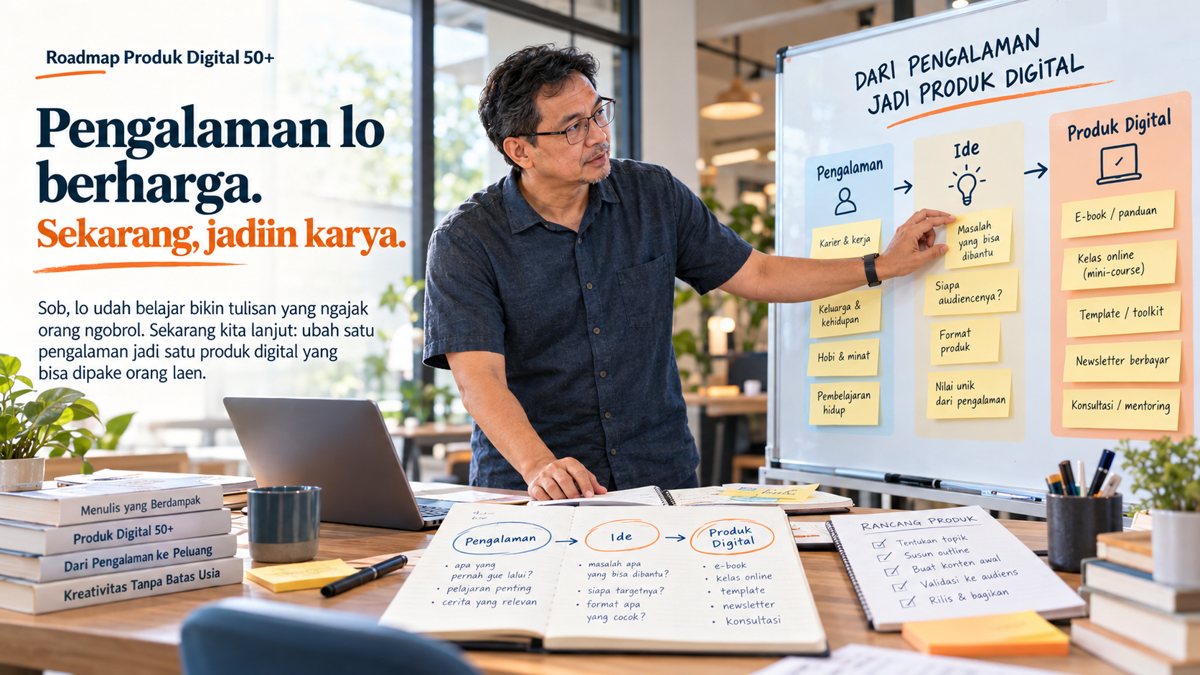 Roadmap Produk Digital 50+: Pak Arif menjelaskan alur dari pengalaman, ide, sampai produk digital di papan tulis.